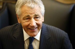 Chuck Hagel, President Barack Obama's nominee for Defense Secretary, is pictured during his meeting with U.S. Senator Ben Cardin (D-MD) on Capitol Hill in Washington