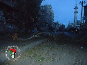 Un albero nella strada principale del campo, dopo i bombardamenti (Yarmouk Camp News)